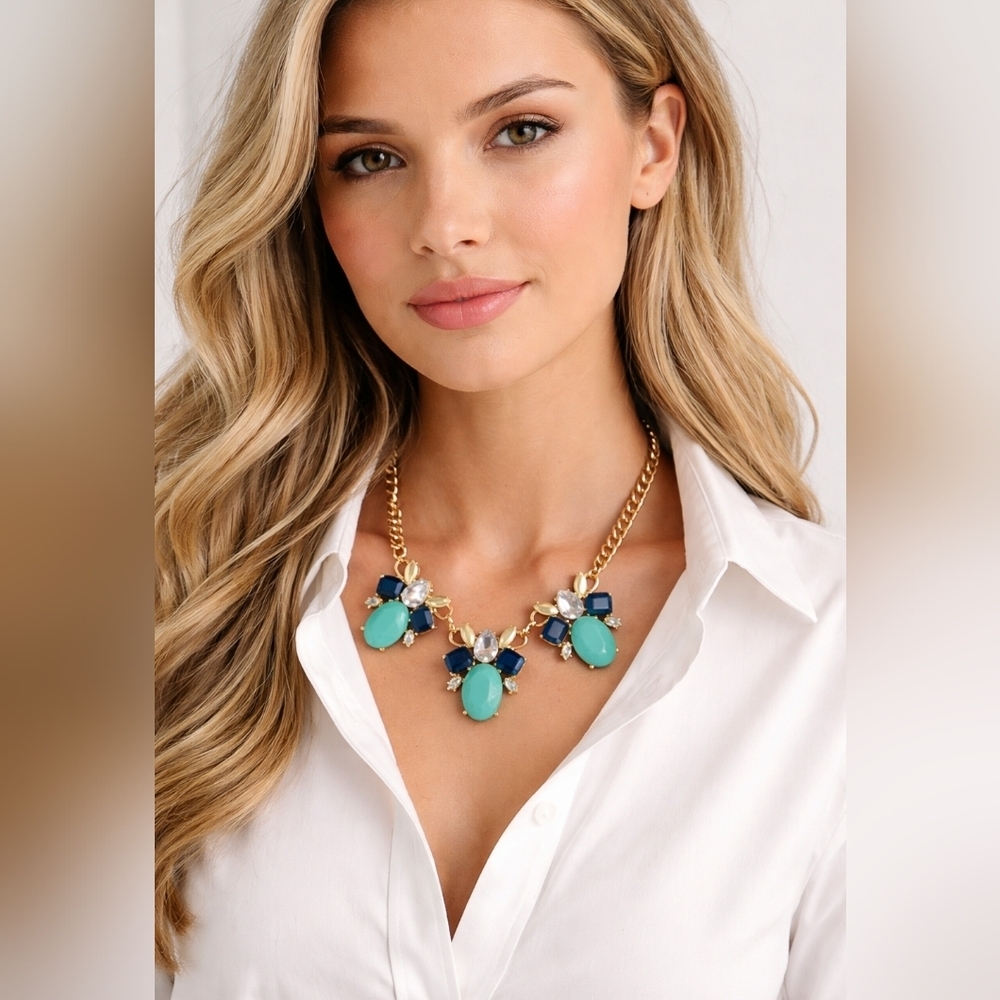 Gold Tone Statement Necklace Blue Turquoise Bib Chunky Chain